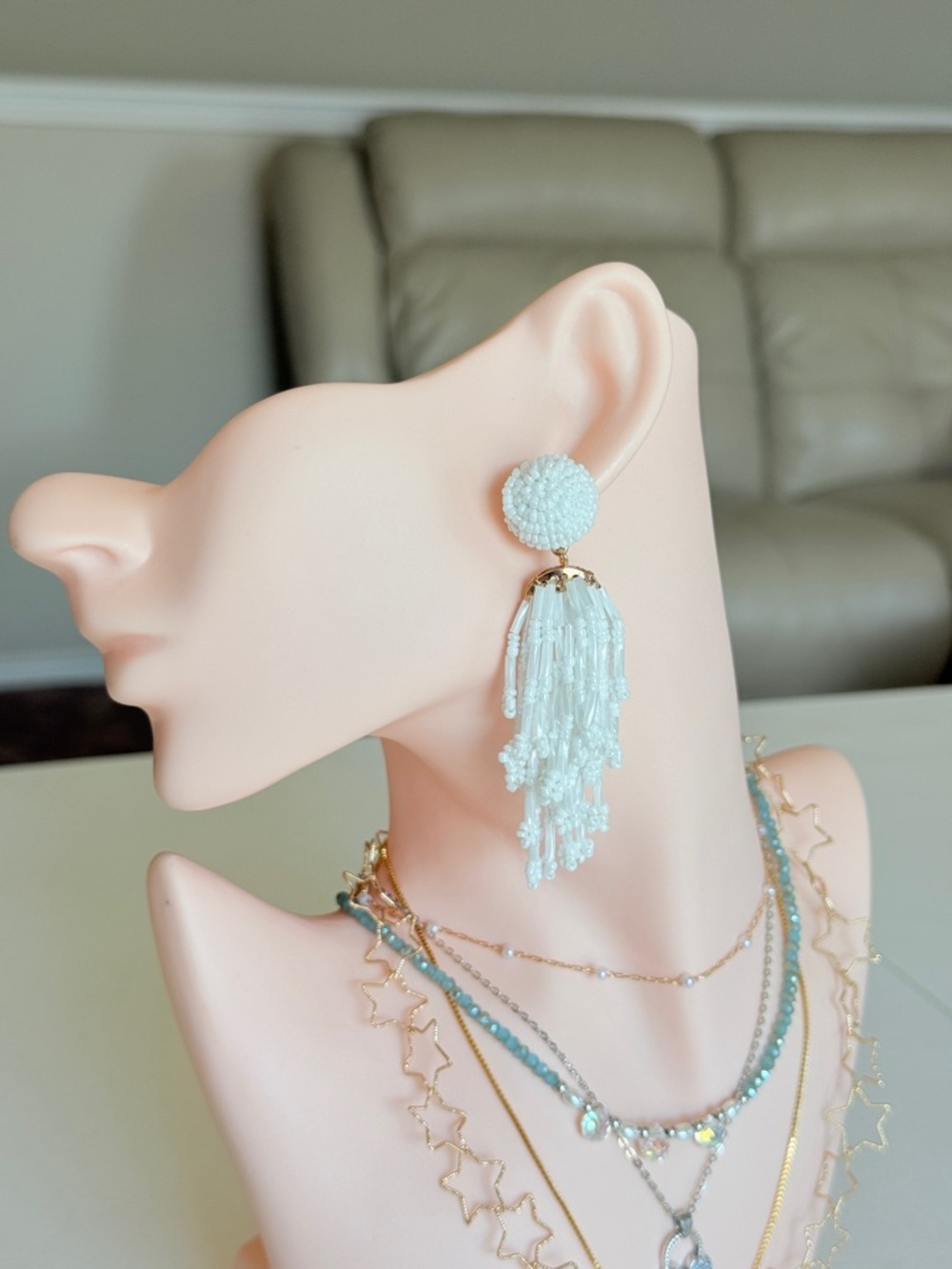 White Beaded Tassel Drop Earrings